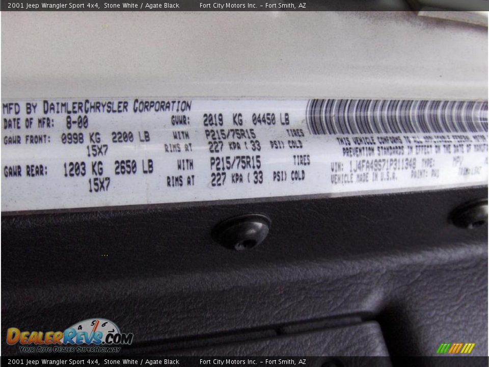 2001 Jeep Wrangler Sport 4x4 Stone White / Agate Black Photo #13