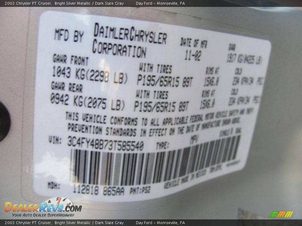 2003 Chrysler PT Cruiser Bright Silver Metallic / Dark Slate Gray Photo #14