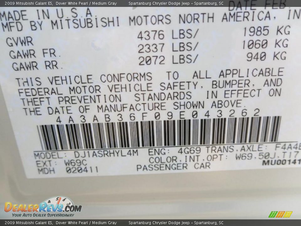 2009 Mitsubishi Galant ES Dover White Pearl / Medium Gray Photo #9