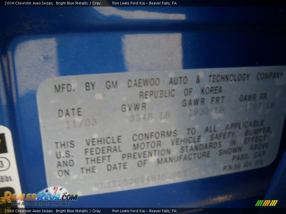 2004 Chevrolet Aveo Sedan Bright Blue Metallic / Gray Photo #9