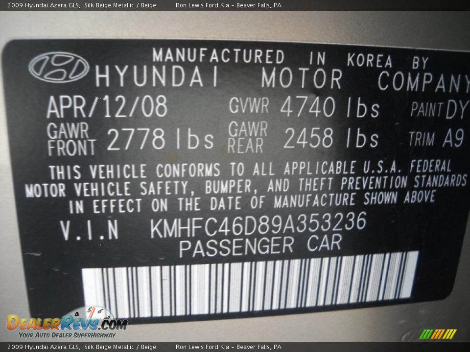 2009 Hyundai Azera GLS Silk Beige Metallic / Beige Photo #9