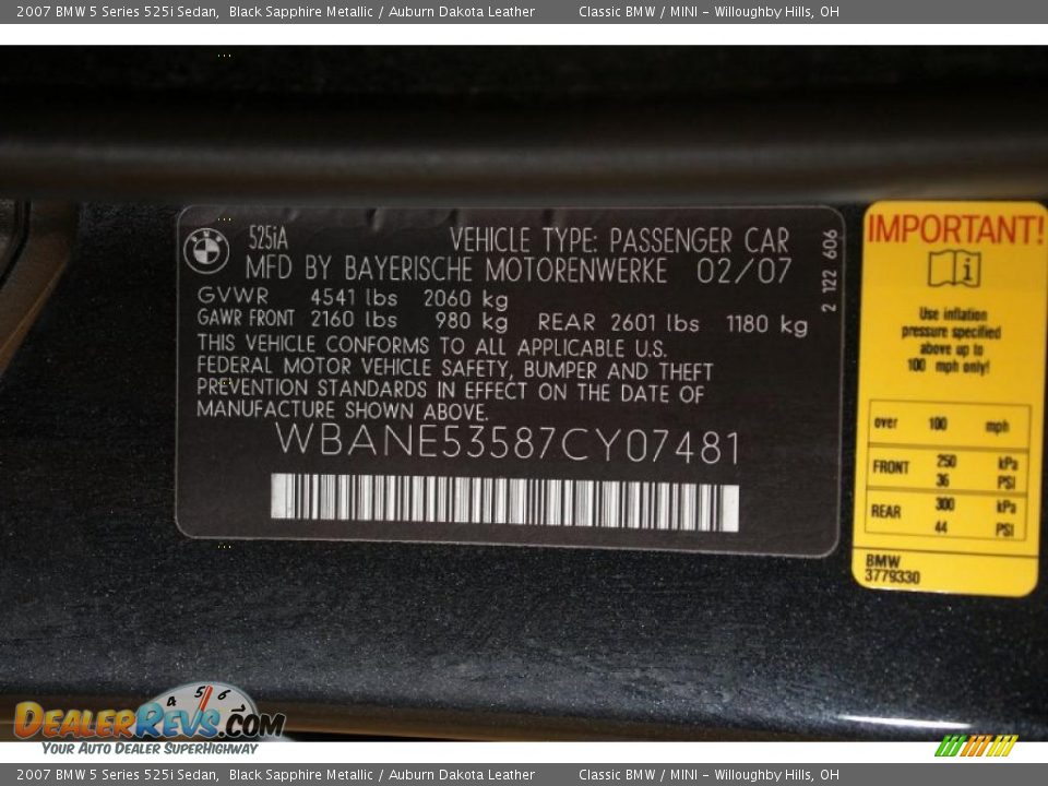 2007 BMW 5 Series 525i Sedan Black Sapphire Metallic / Auburn Dakota Leather Photo #36