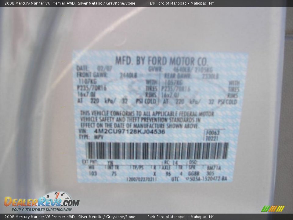 2008 Mercury Mariner V6 Premier 4WD Silver Metallic / Greystone/Stone Photo #12