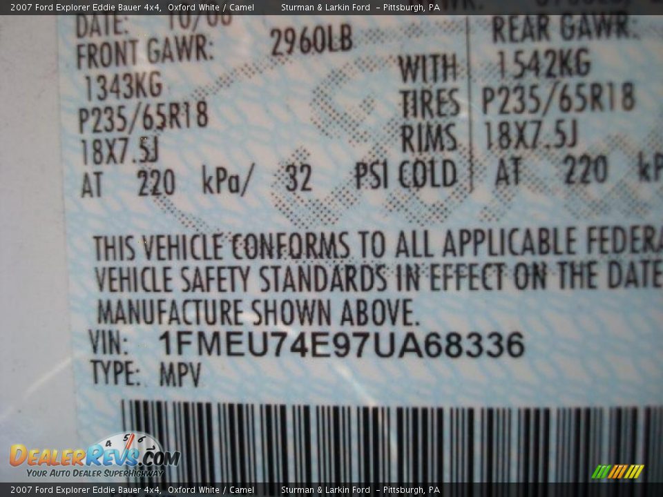 2007 Ford Explorer Eddie Bauer 4x4 Oxford White / Camel Photo #19
