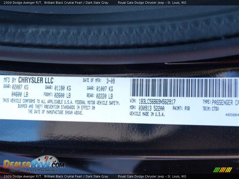 2009 Dodge Avenger R/T Brilliant Black Crystal Pearl / Dark Slate Gray Photo #17