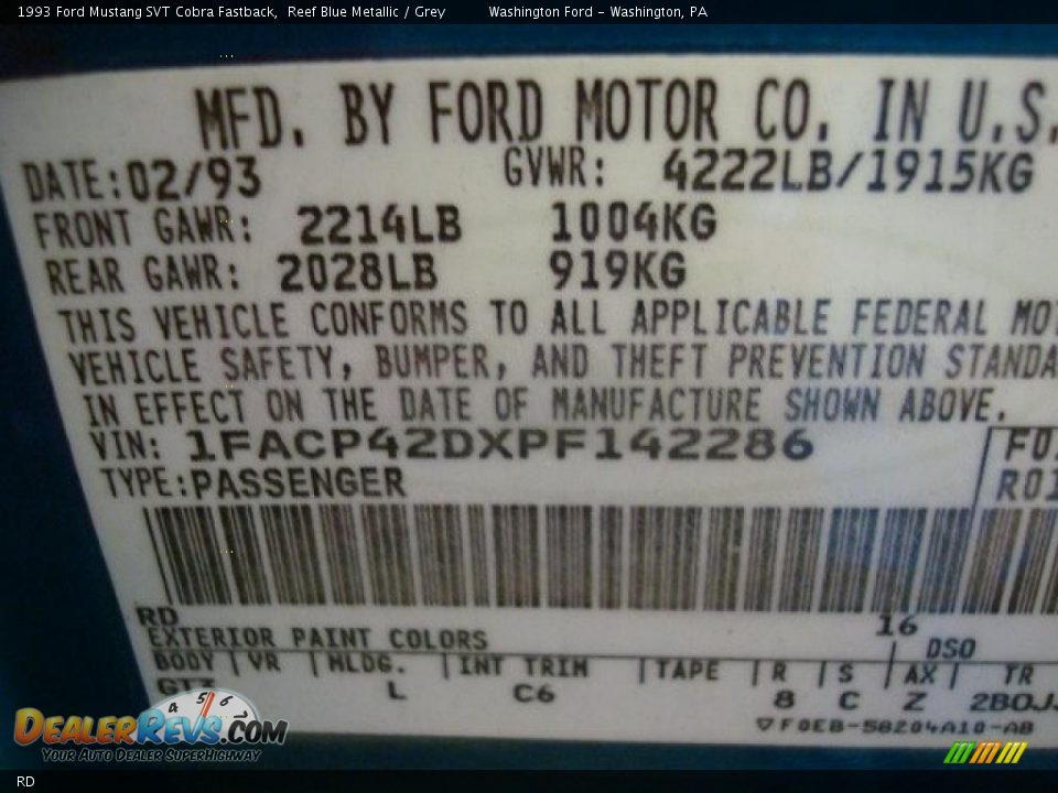 Ford Color Code RD Reef Blue Metallic