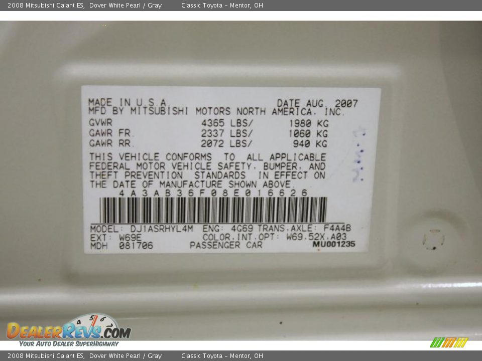 2008 Mitsubishi Galant ES Dover White Pearl / Gray Photo #26