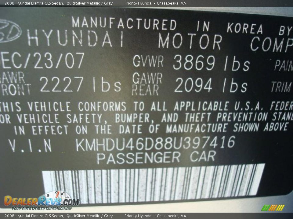 2008 Hyundai Elantra GLS Sedan QuickSilver Metallic / Gray Photo #24