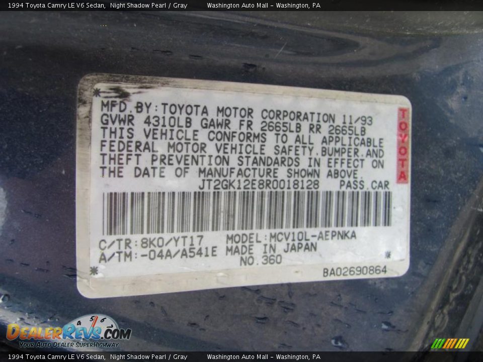 1994 Toyota Camry LE V6 Sedan Night Shadow Pearl / Gray Photo #19