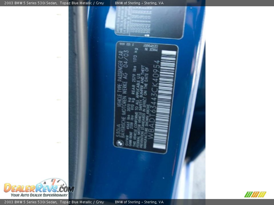 2003 BMW 5 Series 530i Sedan Topaz Blue Metallic / Grey Photo #15