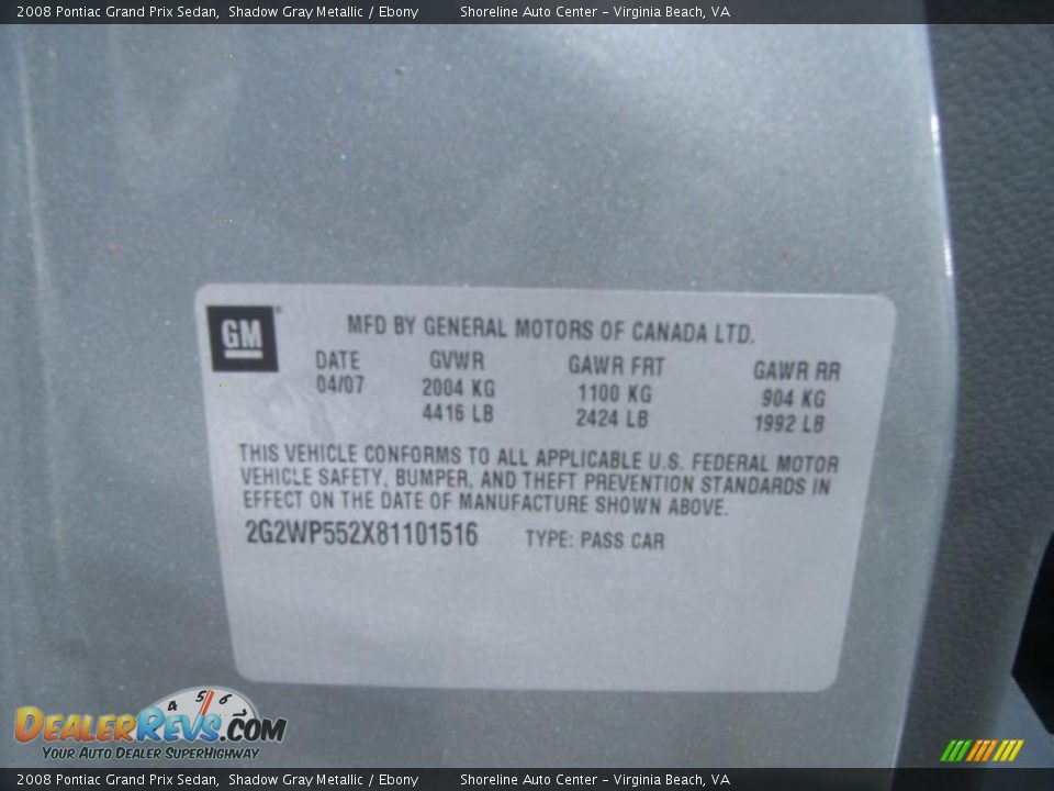 2008 Pontiac Grand Prix Sedan Shadow Gray Metallic / Ebony Photo #21