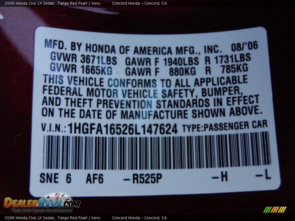 2006 Honda Civic LX Sedan Tango Red Pearl / Ivory Photo #19