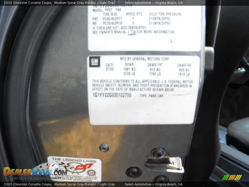Info Tag of 2003 Chevrolet Corvette Coupe Photo #26