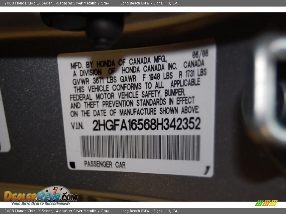 2008 Honda Civic LX Sedan Alabaster Silver Metallic / Gray Photo #11