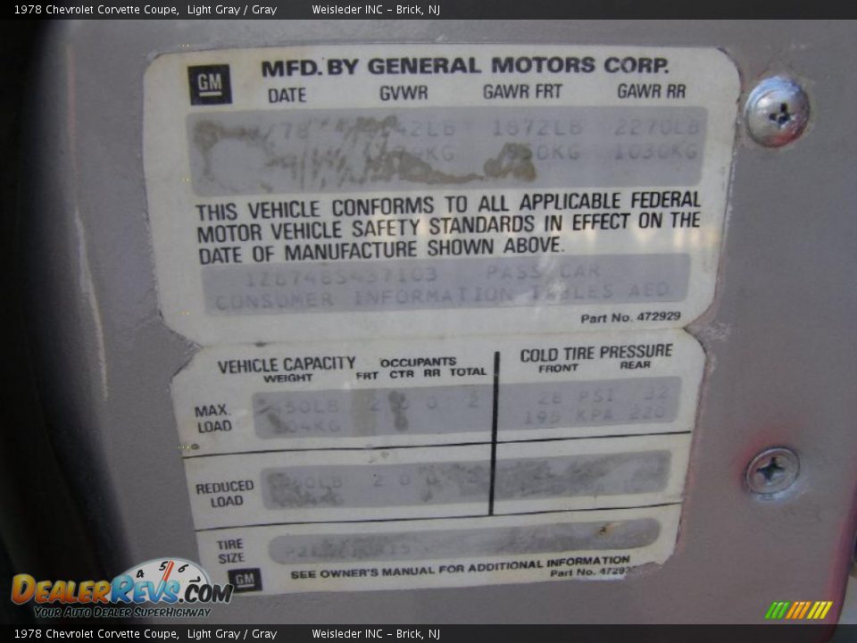 1978 Chevrolet Corvette Coupe Light Gray / Gray Photo #20