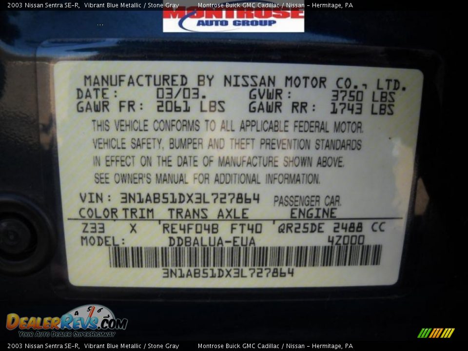2003 Nissan Sentra SE-R Vibrant Blue Metallic / Stone Gray Photo #11