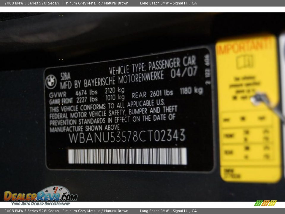 2008 BMW 5 Series 528i Sedan Platinum Grey Metallic / Natural Brown Photo #15