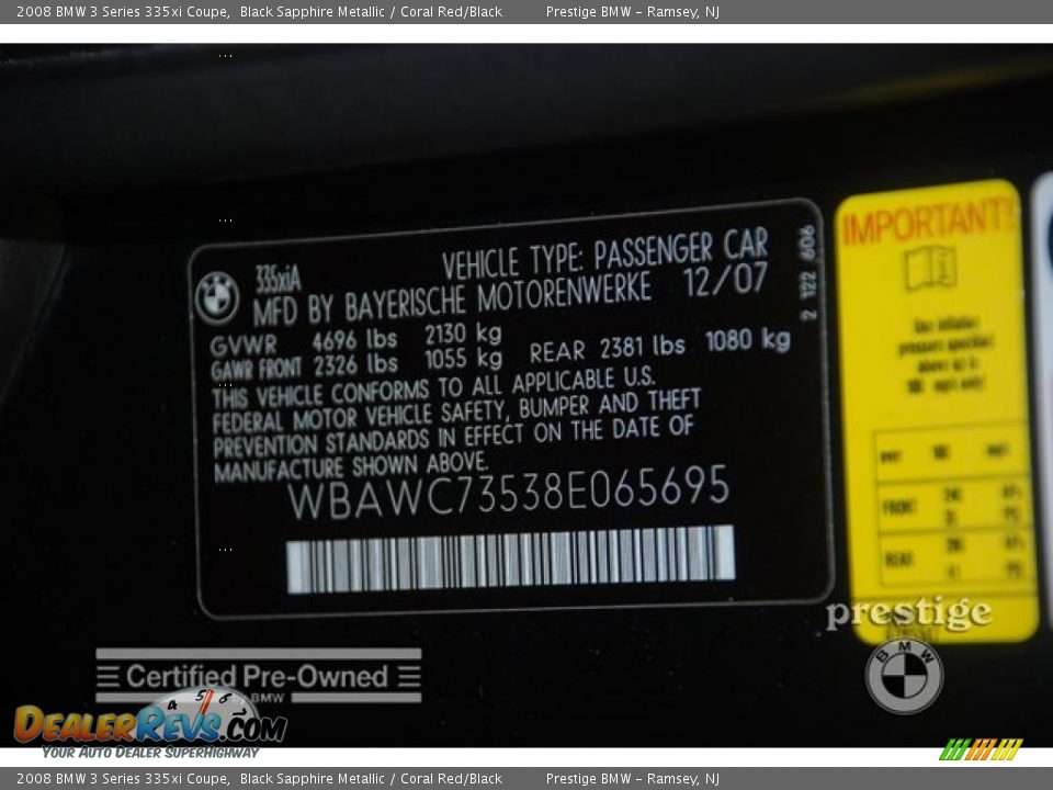 2008 BMW 3 Series 335xi Coupe Black Sapphire Metallic / Coral Red/Black Photo #12