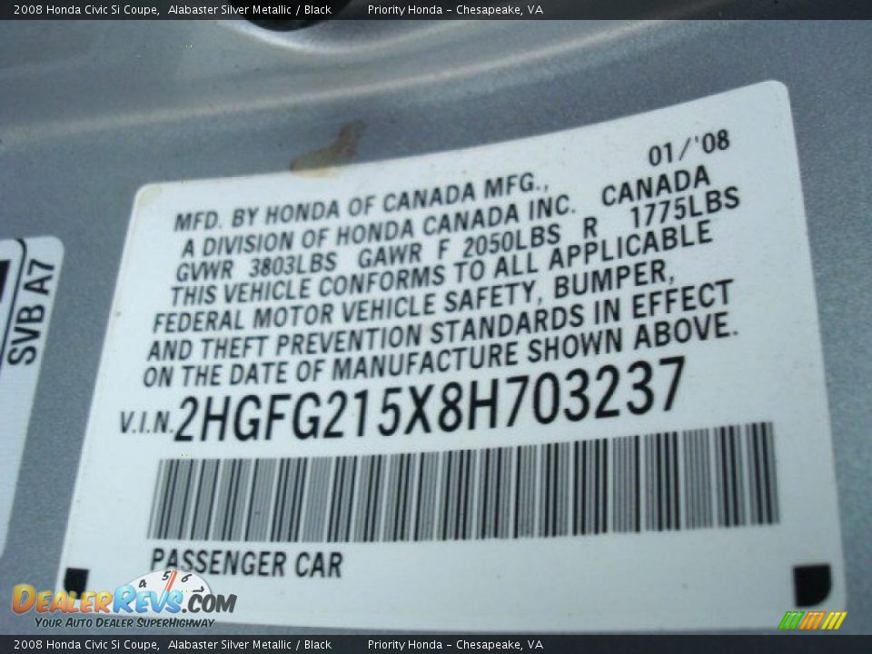 2008 Honda Civic Si Coupe Alabaster Silver Metallic / Black Photo #26