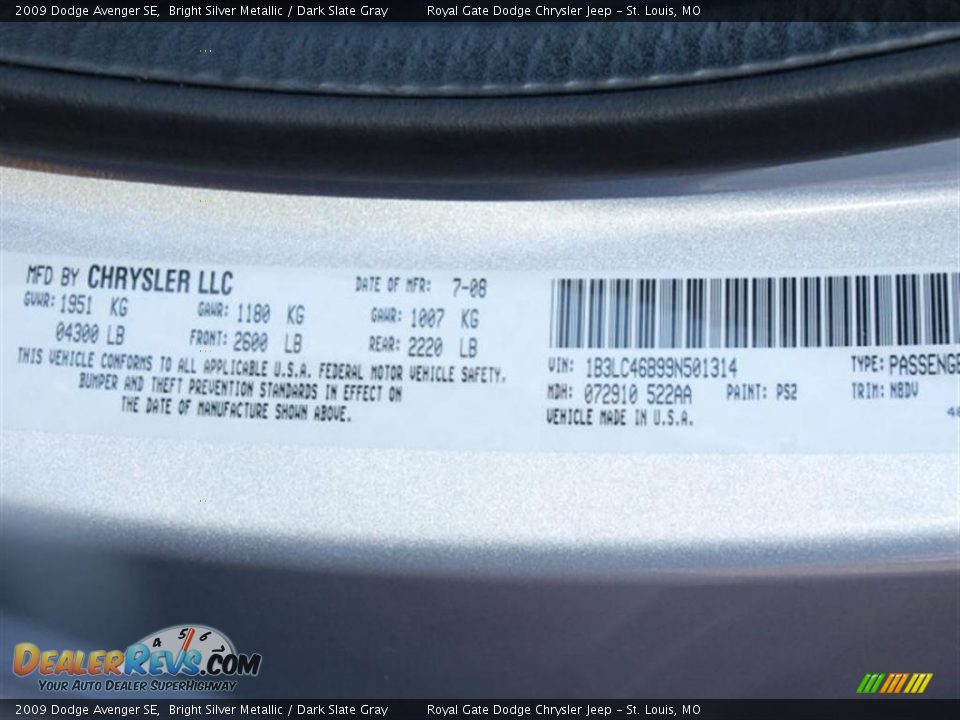 2009 Dodge Avenger SE Bright Silver Metallic / Dark Slate Gray Photo #17