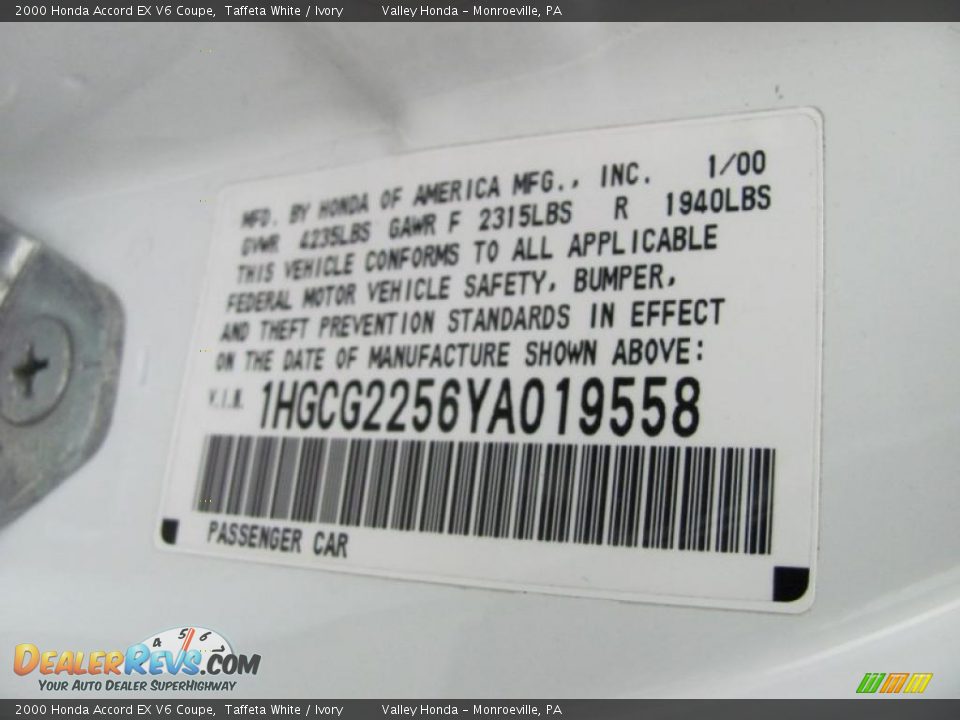 2000 Honda Accord EX V6 Coupe Taffeta White / Ivory Photo #14