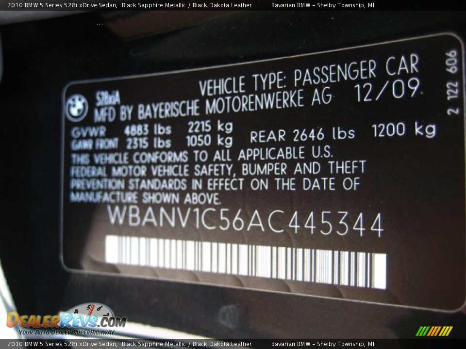 2010 BMW 5 Series 528i xDrive Sedan Black Sapphire Metallic / Black Dakota Leather Photo #12