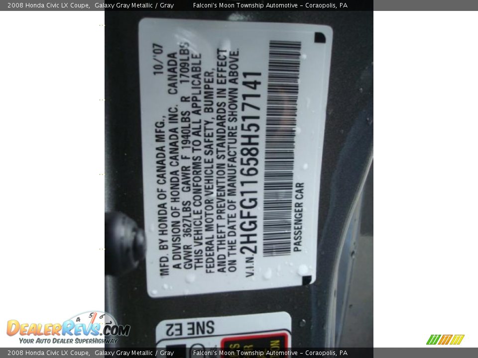 2008 Honda Civic LX Coupe Galaxy Gray Metallic / Gray Photo #14
