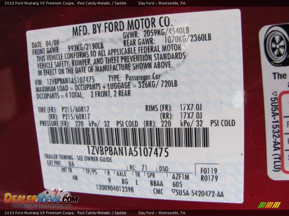 2010 Ford Mustang V6 Premium Coupe Red Candy Metallic / Saddle Photo #14