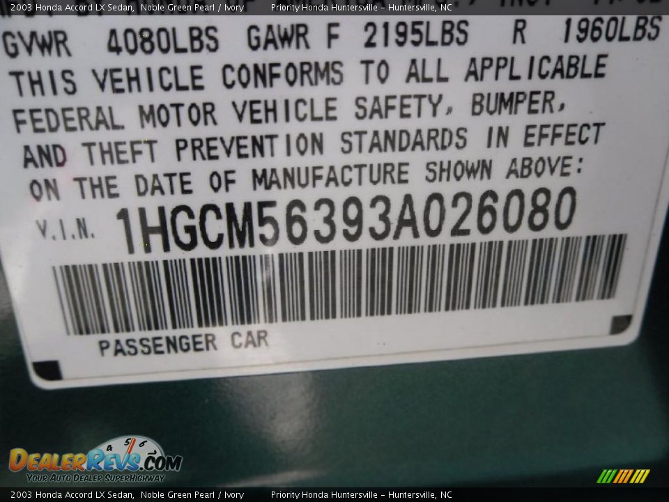 2003 Honda Accord LX Sedan Noble Green Pearl / Ivory Photo #10