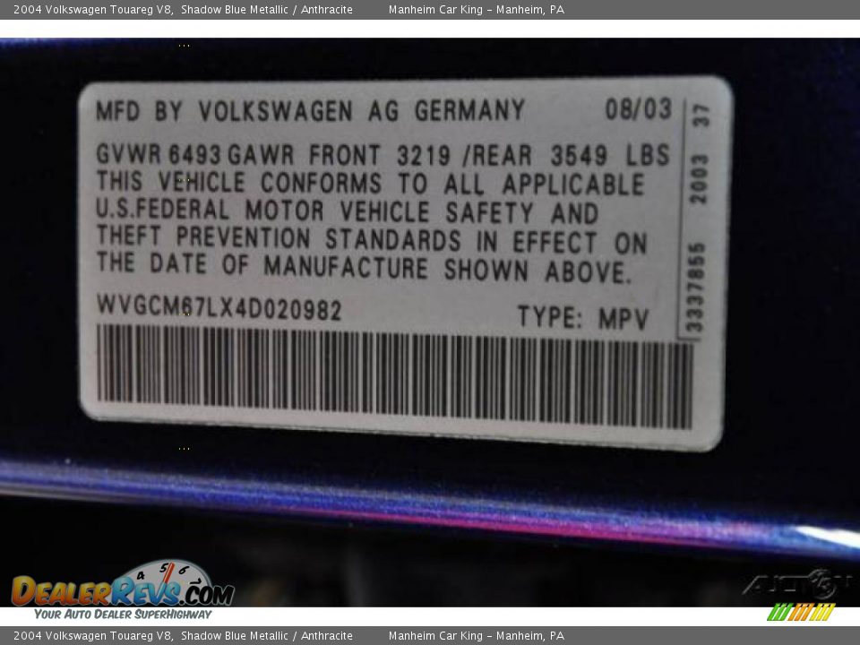2004 Volkswagen Touareg V8 Shadow Blue Metallic / Anthracite Photo #10