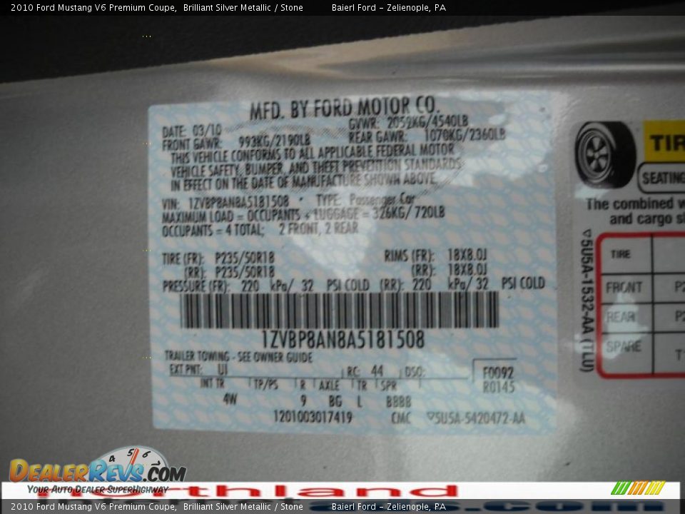 2010 Ford Mustang V6 Premium Coupe Brilliant Silver Metallic / Stone Photo #12