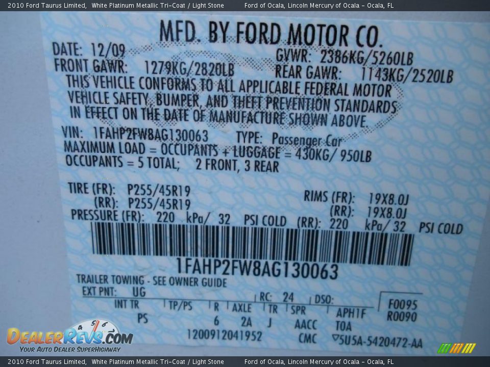 2010 Ford Taurus Limited White Platinum Metallic Tri-Coat / Light Stone Photo #12