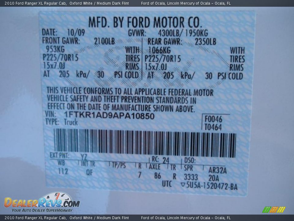 2010 Ford Ranger XL Regular Cab Oxford White / Medium Dark Flint Photo #12