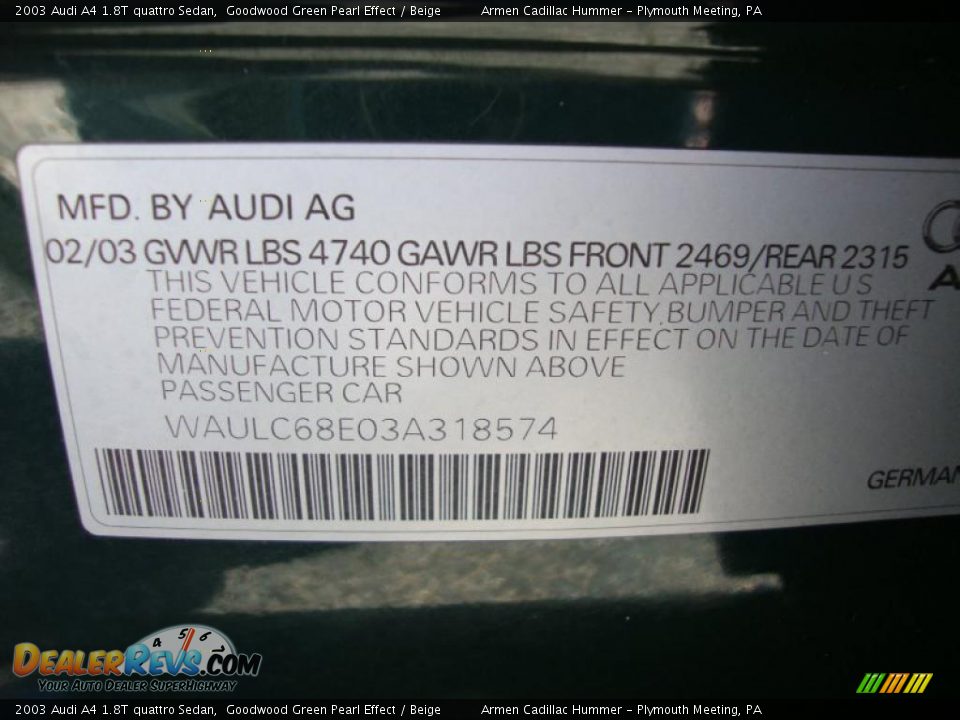 2003 Audi A4 1.8T quattro Sedan Goodwood Green Pearl Effect / Beige Photo #36