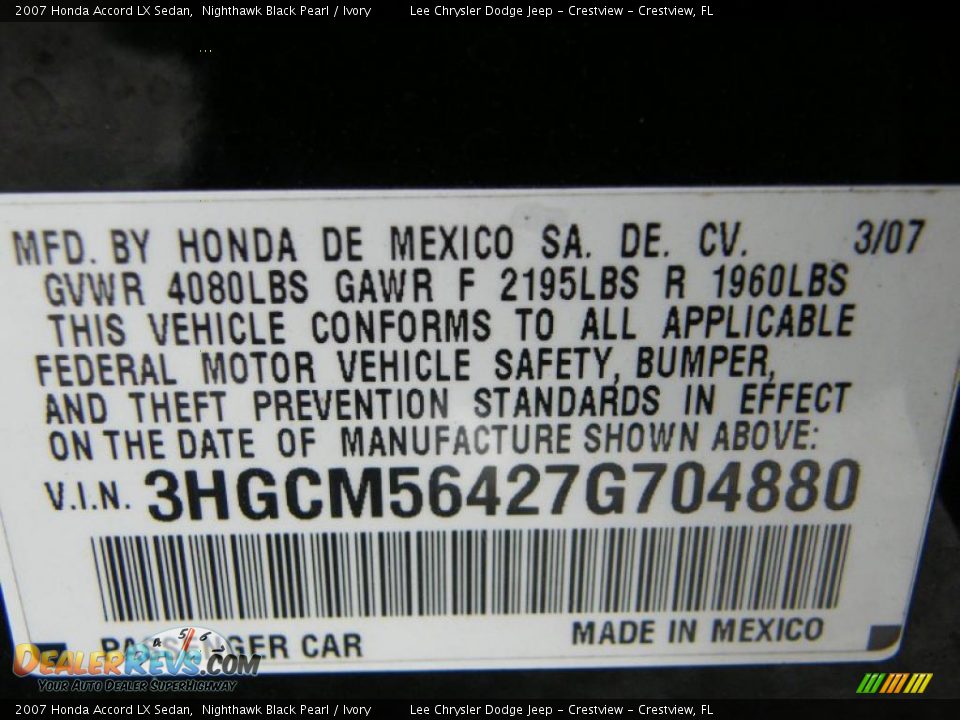 2007 Honda Accord LX Sedan Nighthawk Black Pearl / Ivory Photo #28