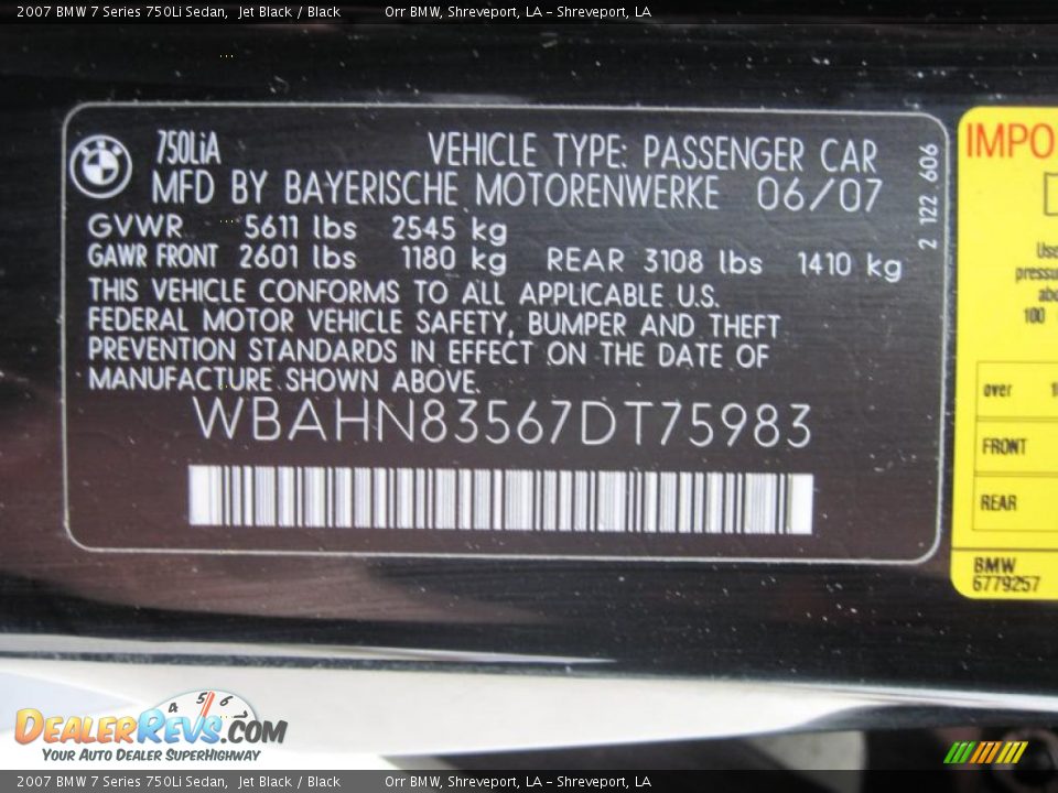 2007 BMW 7 Series 750Li Sedan Jet Black / Black Photo #15