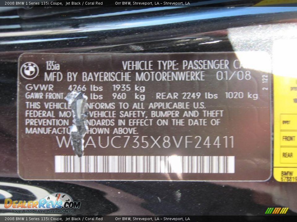 2008 BMW 1 Series 135i Coupe Jet Black / Coral Red Photo #14