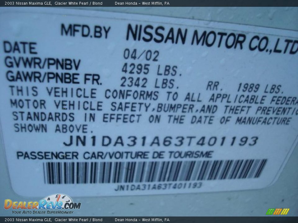 2003 Nissan Maxima GLE Glacier White Pearl / Blond Photo #14