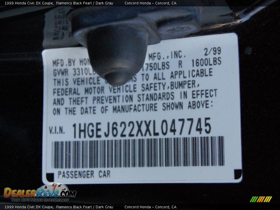 1999 Honda Civic DX Coupe Flamenco Black Pearl / Dark Gray Photo #19