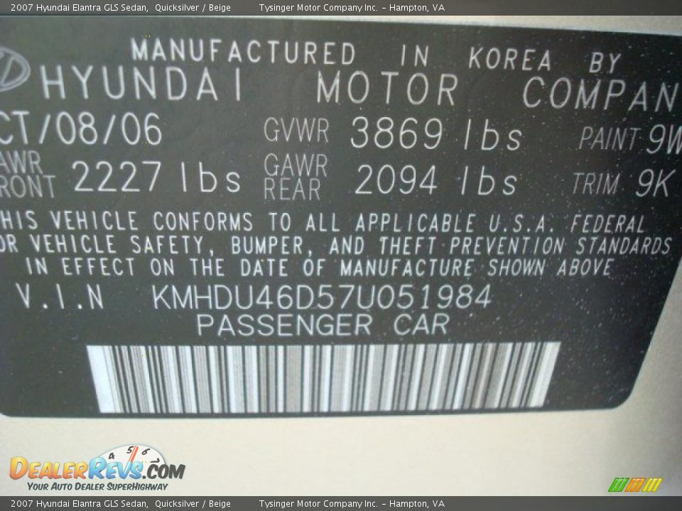 2007 Hyundai Elantra GLS Sedan Quicksilver / Beige Photo #19