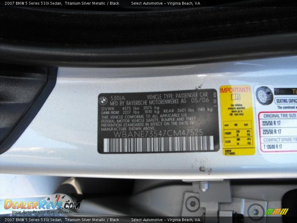 2007 BMW 5 Series 530i Sedan Titanium Silver Metallic / Black Photo #29
