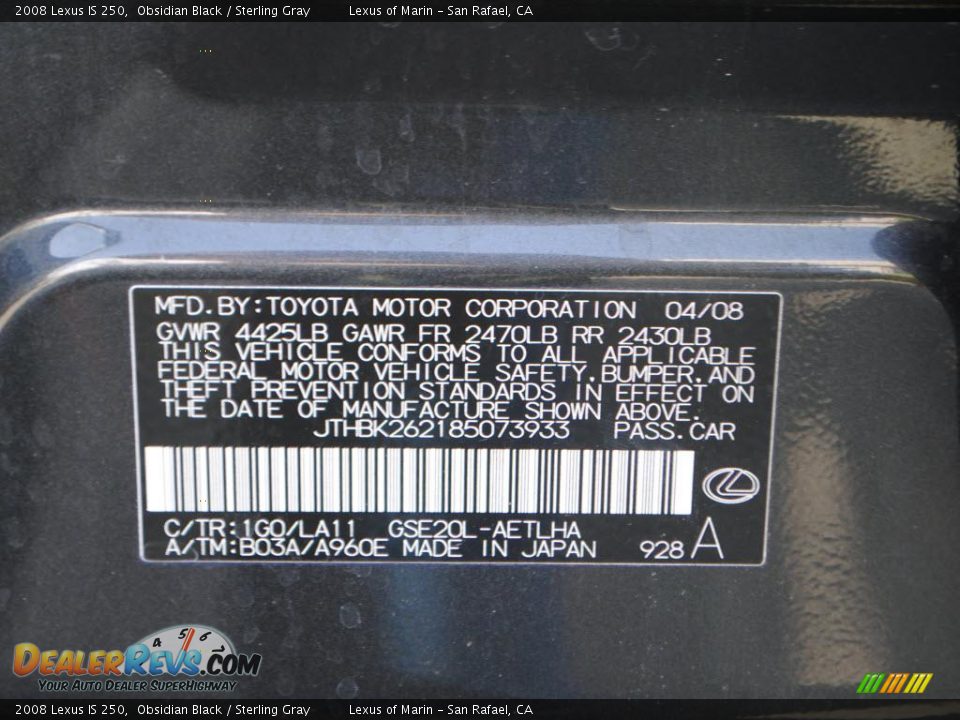 2008 Lexus IS 250 Obsidian Black / Sterling Gray Photo #19