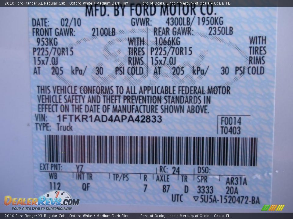 2010 Ford Ranger XL Regular Cab Oxford White / Medium Dark Flint Photo #11