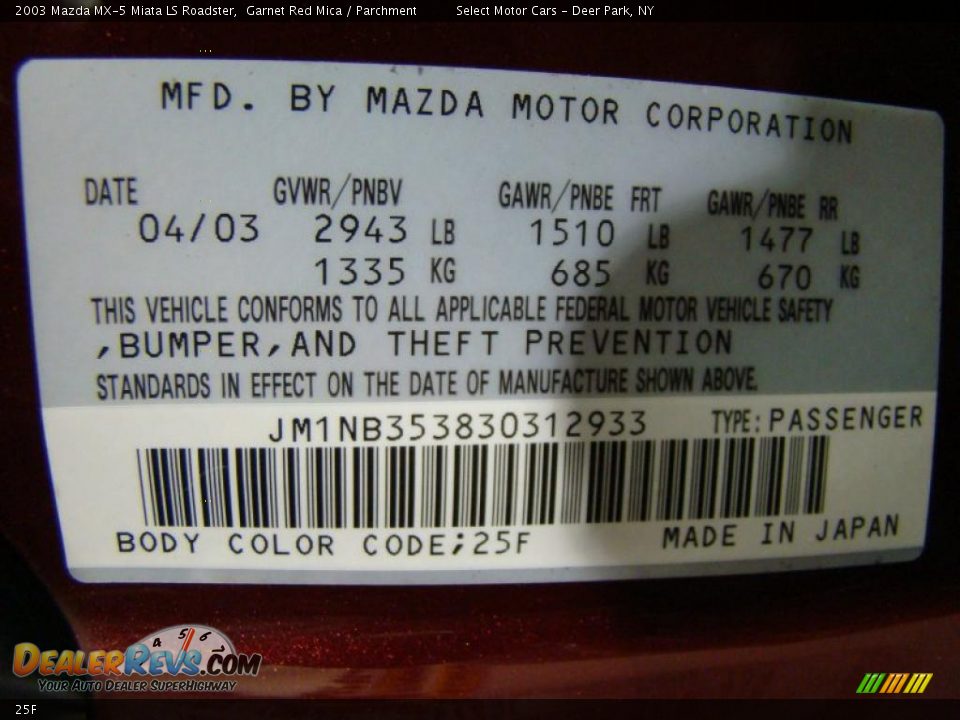 Mazda Color Code 25F Garnet Red Mica