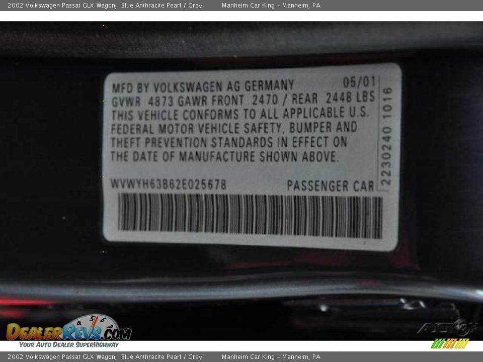 2002 Volkswagen Passat GLX Wagon Blue Anthracite Pearl / Grey Photo #10