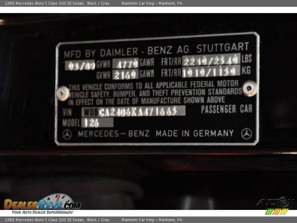 1989 Mercedes-Benz S Class 300 SE Sedan Black / Gray Photo #9
