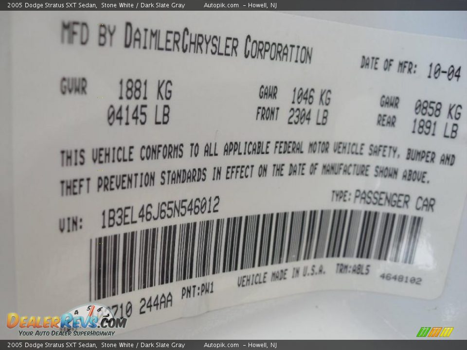 2005 Dodge Stratus SXT Sedan Stone White / Dark Slate Gray Photo #15