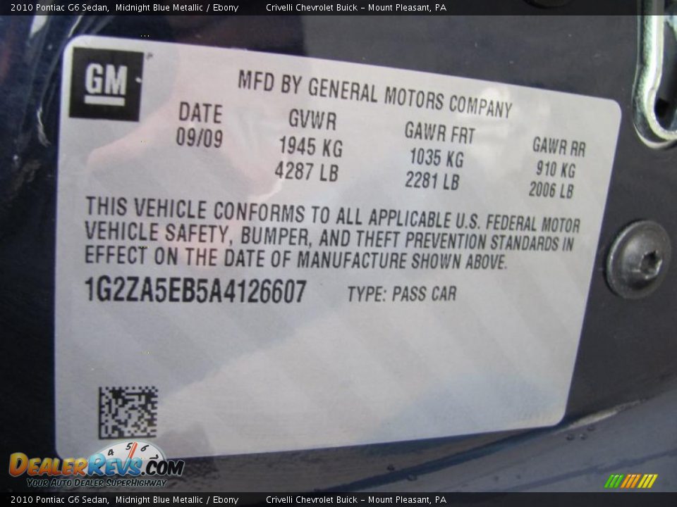 2010 Pontiac G6 Sedan Midnight Blue Metallic / Ebony Photo #35
