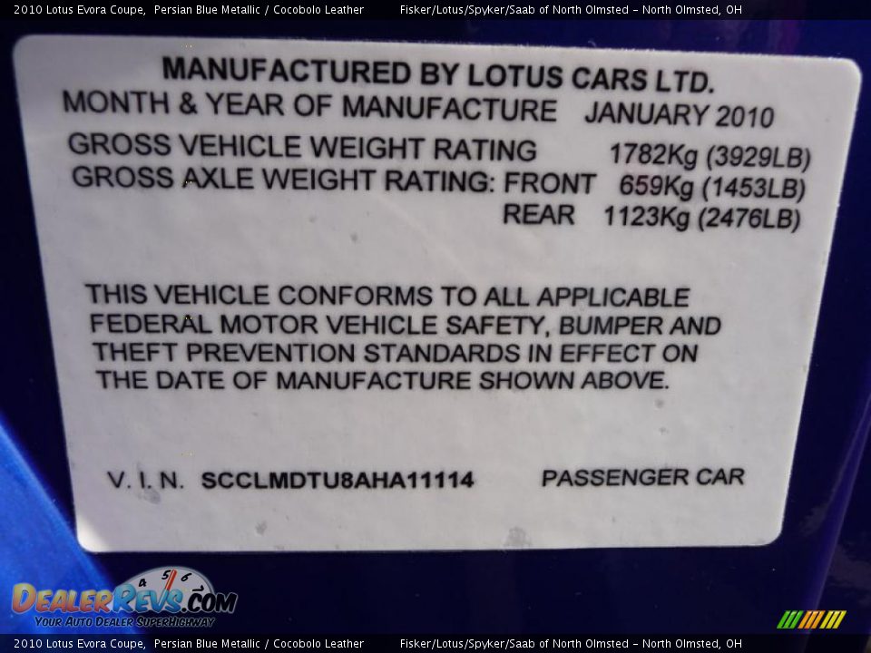 Info Tag of 2010 Lotus Evora Coupe Photo #33
