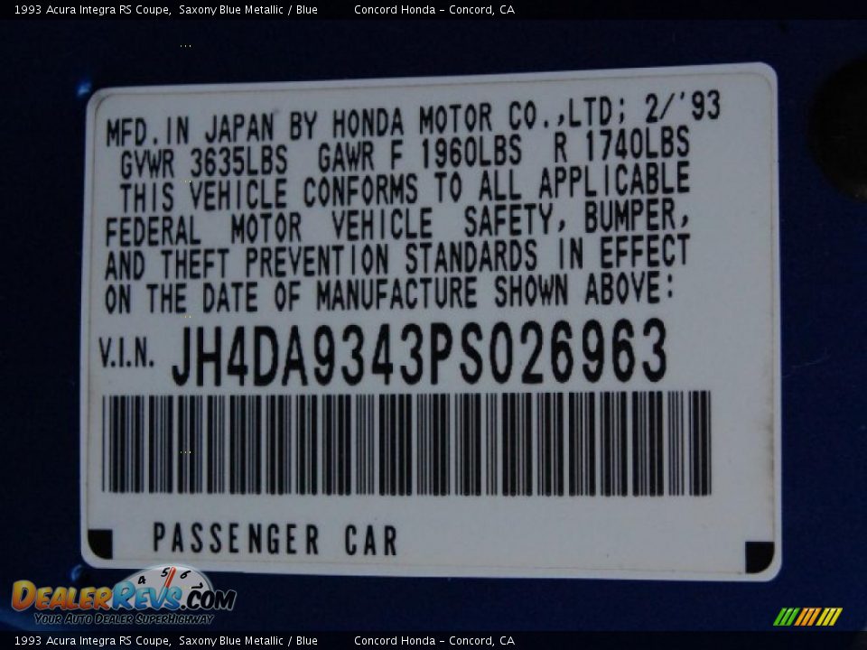 1993 Acura Integra RS Coupe Saxony Blue Metallic / Blue Photo #19